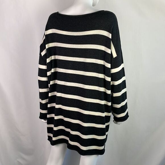 Eileen Fisher Black Cream Striped Tunic Sweater - Picture 3 of 6